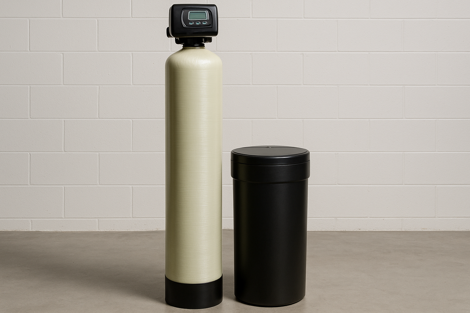 Close-up of a vertical plumbing system with red and blue pipes, each labeled, connected to valves for regulating water flow.